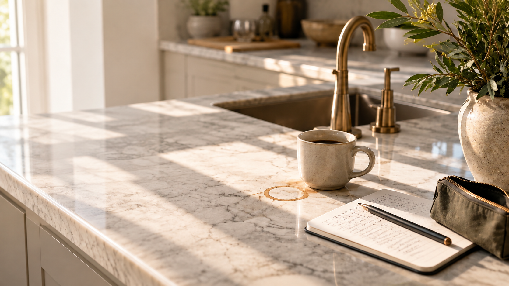 Warm sunlit kitchen with marble counter, brass tap, coffee mug and notebook